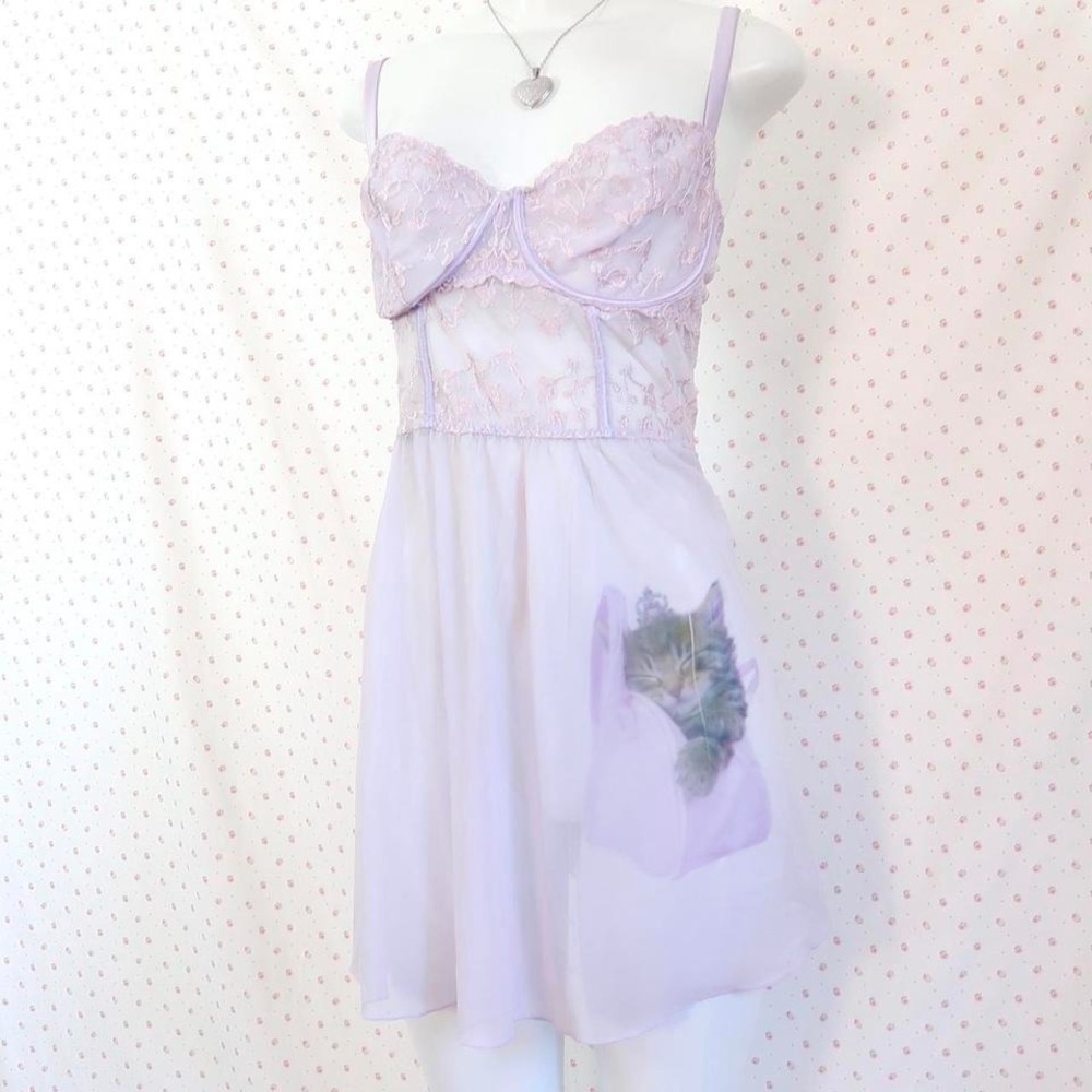 la vie en rose lavender lace babydoll cami sheer kitten lingerie top xl y2k